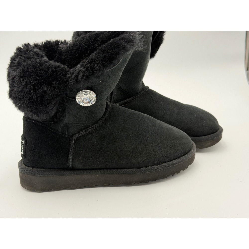UGG Bailey Button Bling Boots Womens 7 Black Suede Sheepskin Swarovski Crystal